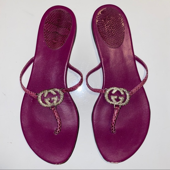 Gucci Lizard Fuchsia Purple Swarovski Flip Flops - Picture 1 of 17